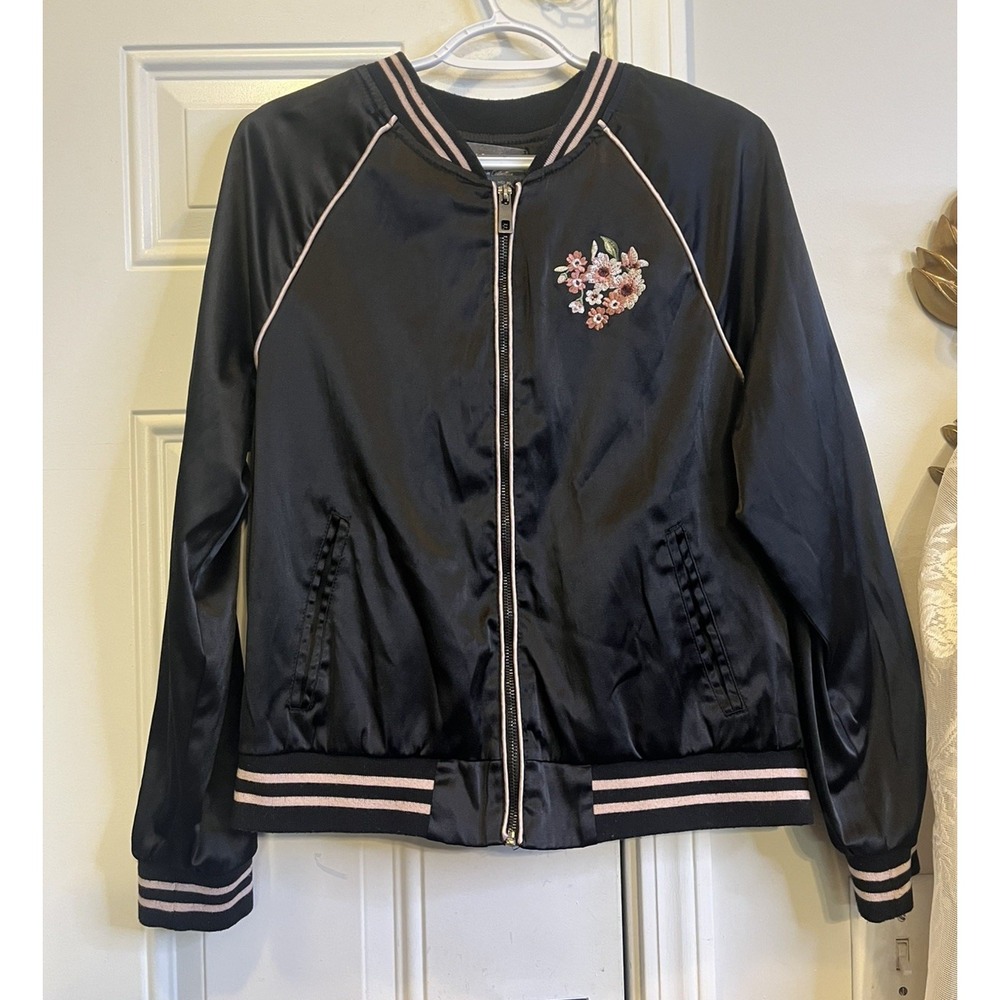 Black Satin Embroidered Peacock Cherry Blossom Bomber Jacket XL Ashley Coquette - Picture 2 of 11
